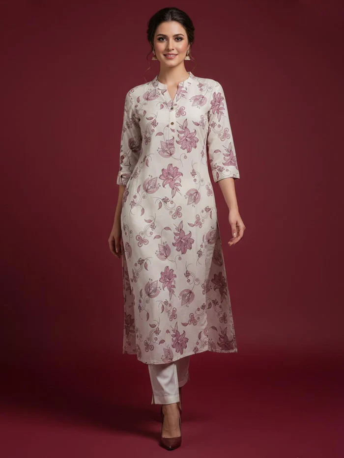 Ethnic Style Offwhite Floral Print Pure Cotton Straight Fit Kurti for Casual Wear