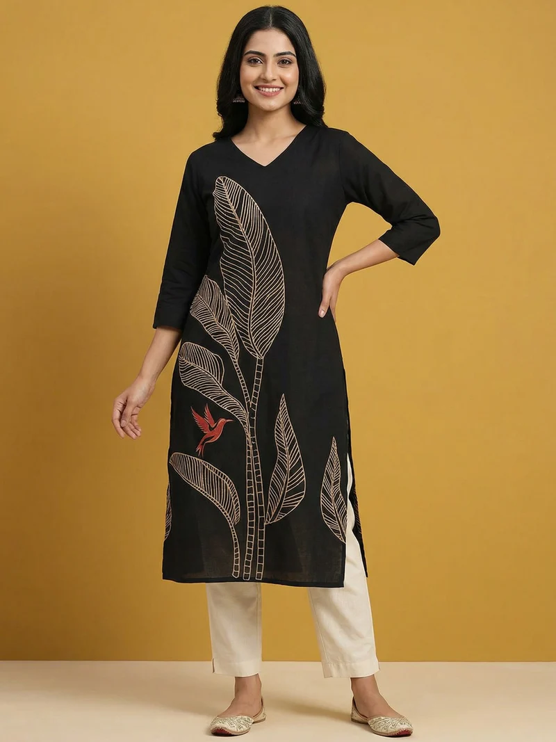 Black Pure Cotton Kurti with Leaf Print Design and Timeless Minimal Styling