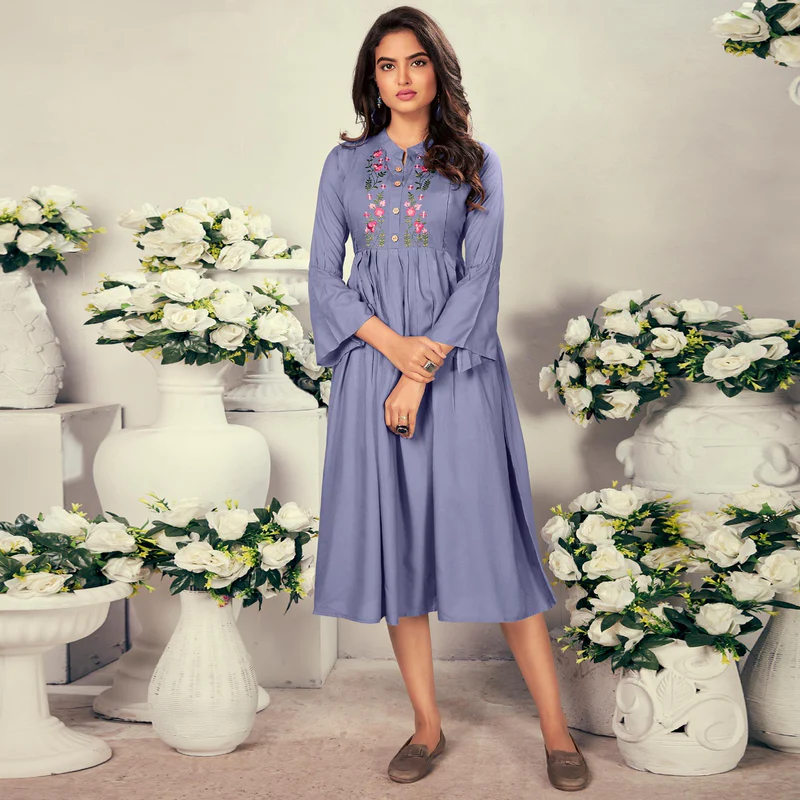 Lavender Casual Wear Embroidered Rayon Maternity Kurti