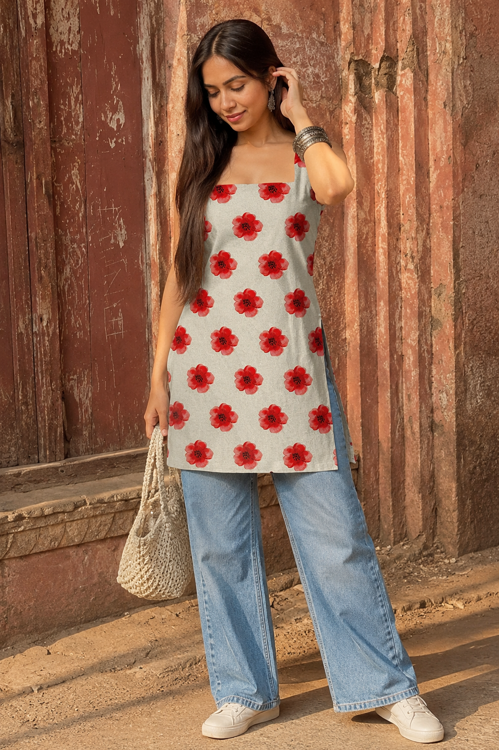 Crimson Bloom Digital Print Kurti