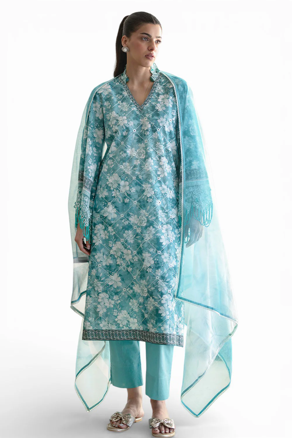 Gul Ahmed 3 Piece Embroidered Printed Lawn Suit with Cotton Net Dupatta